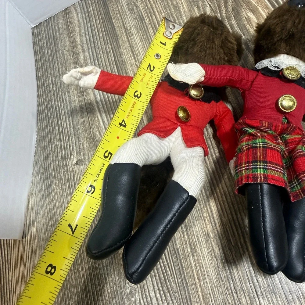 VTG  Fox Hunt Plush Ornaments Pair Red Coat Equestrian Plaid Set of 2 Hanfords